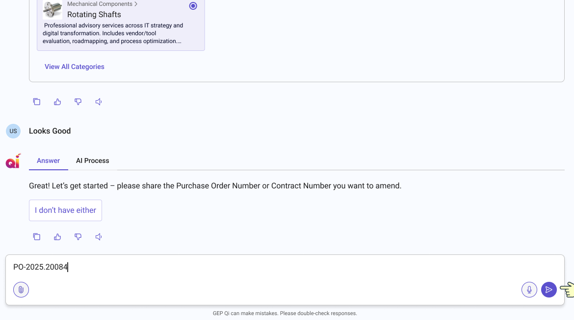 User entering a PO number into the GEP Qi chat