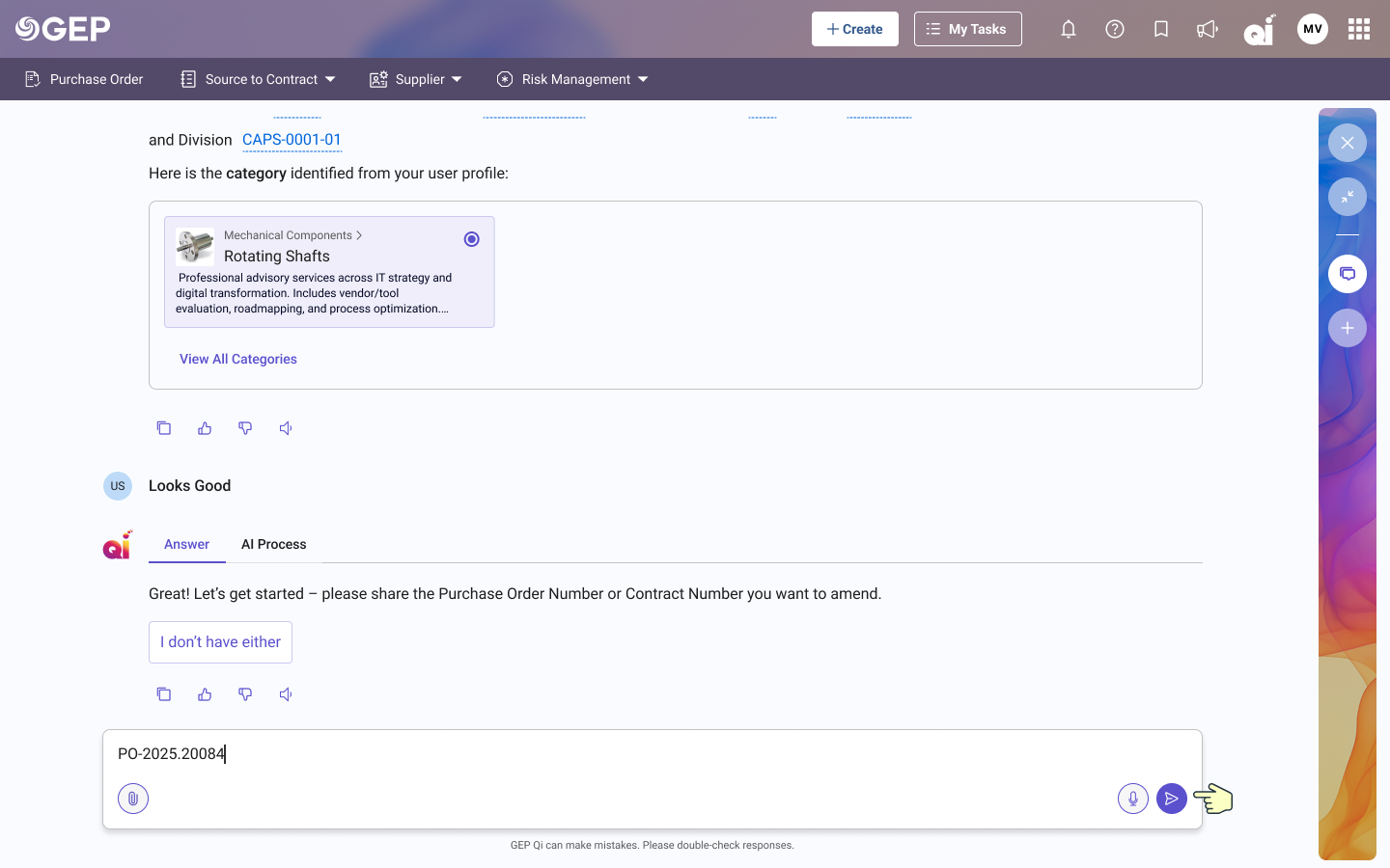 User entering a PO number into the GEP Qi chat
