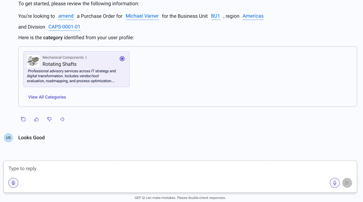 AI identifies category from user profile and asks to confirm