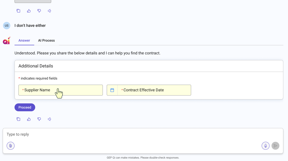 AI surfaces an Additional Details form when PO number is unknown