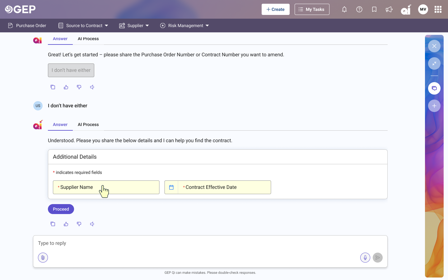 AI surfaces an Additional Details form when PO number is unknown
