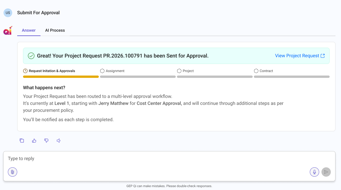 Project Request sent for approval with multi-level workflow summary