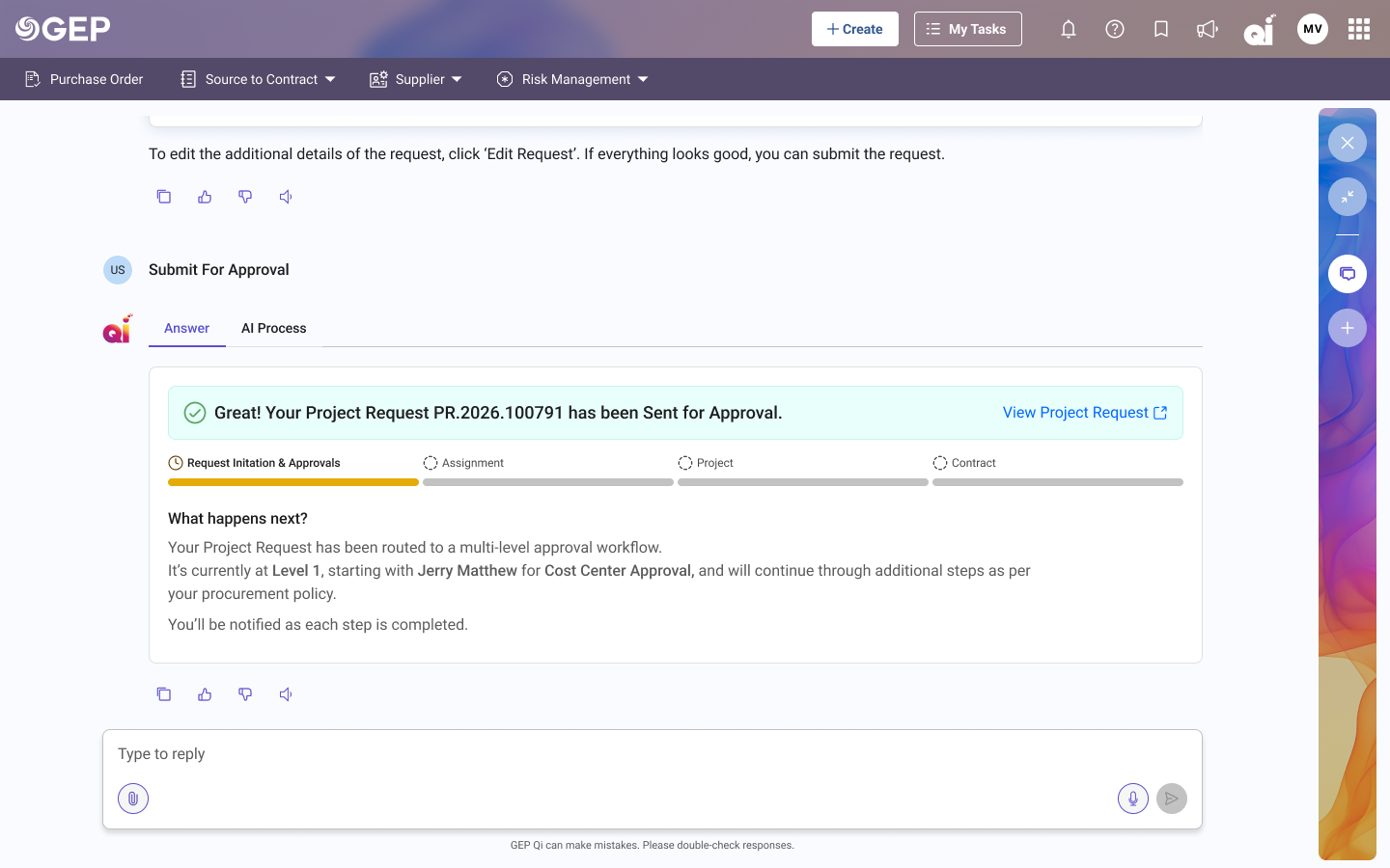 Project Request sent for approval with multi-level workflow summary
