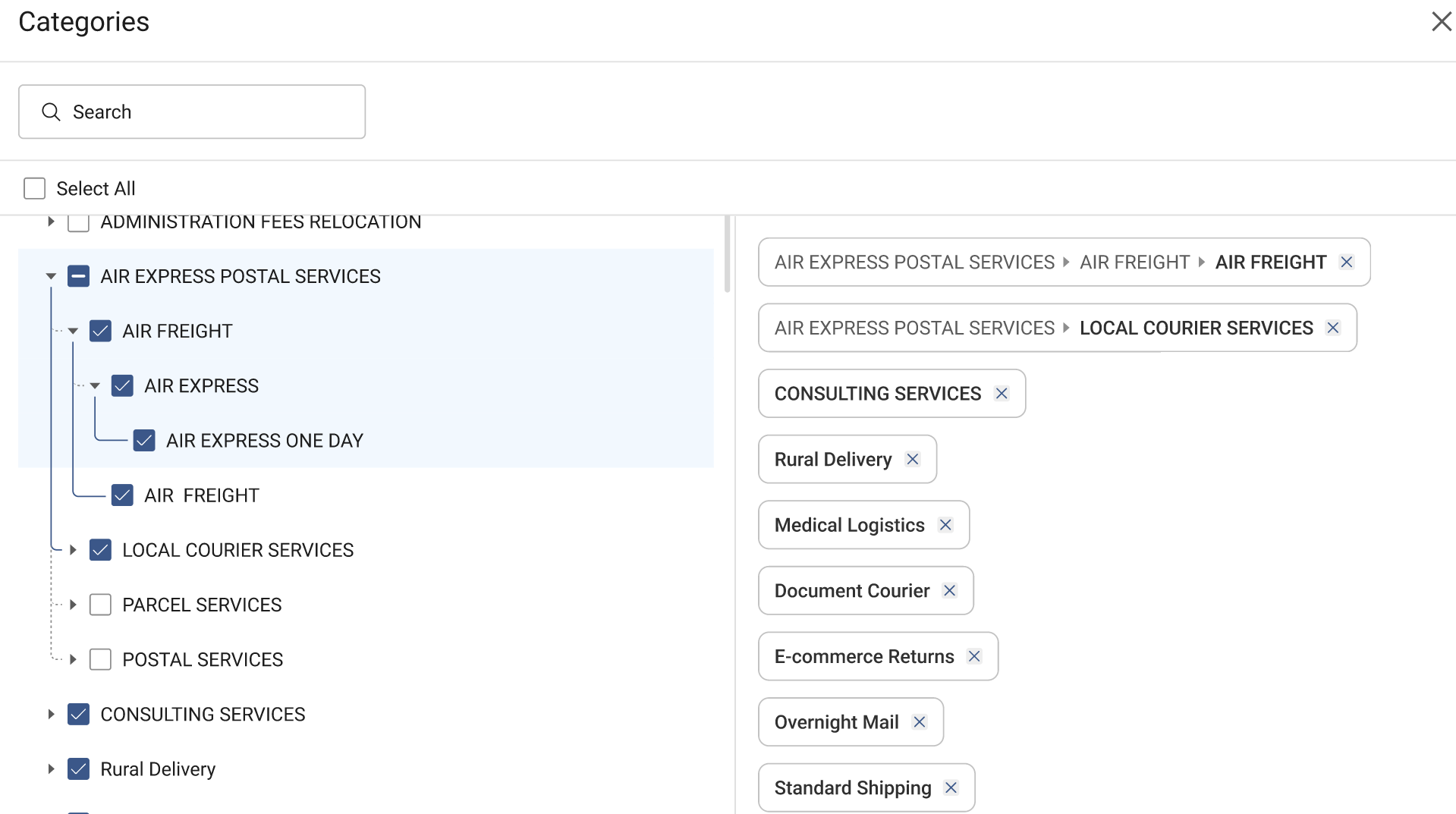 Expanded tree picker with parent-child highlighting and selection chips