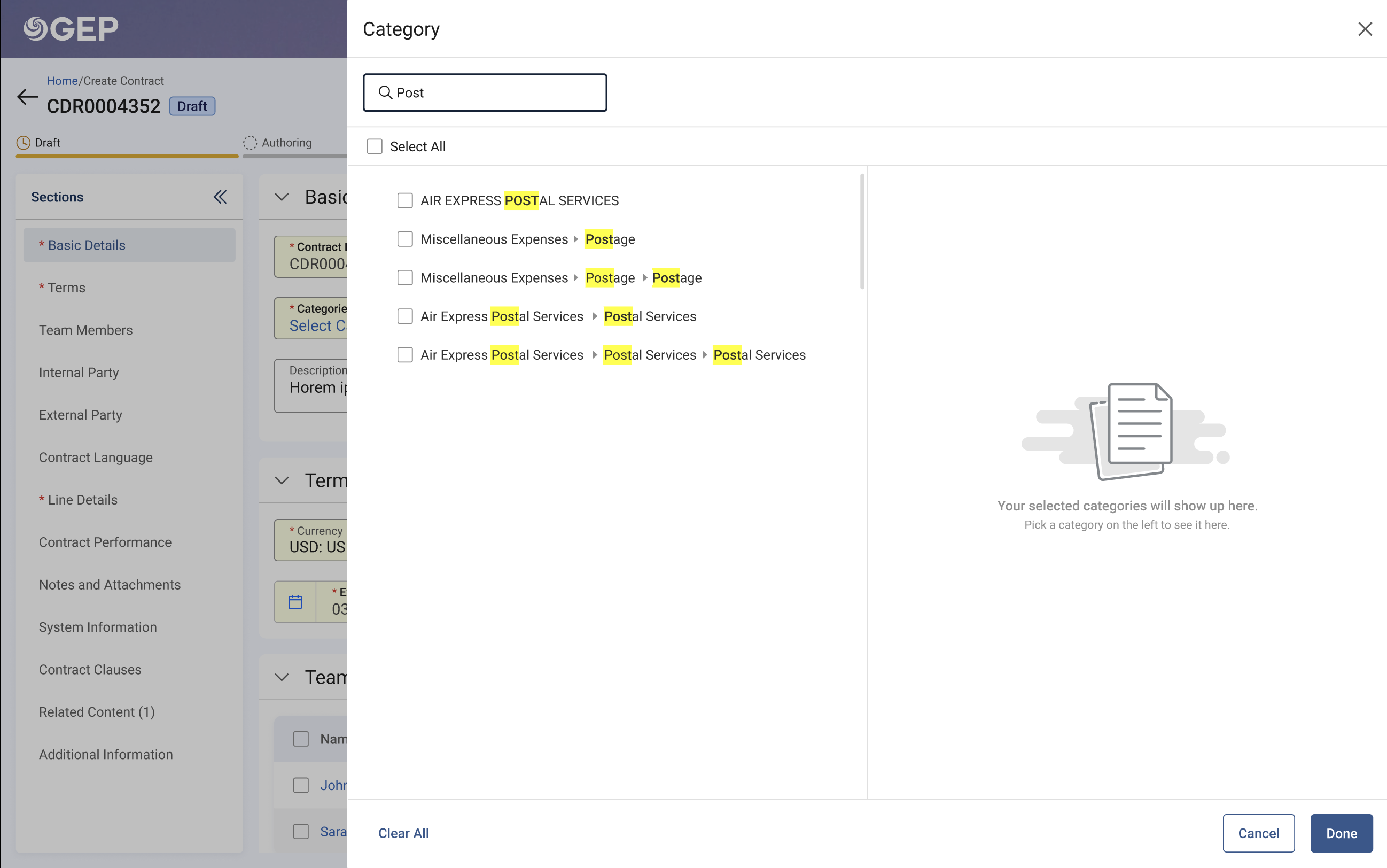 Contextual search showing hierarchy breadcrumbs with highlighted matches