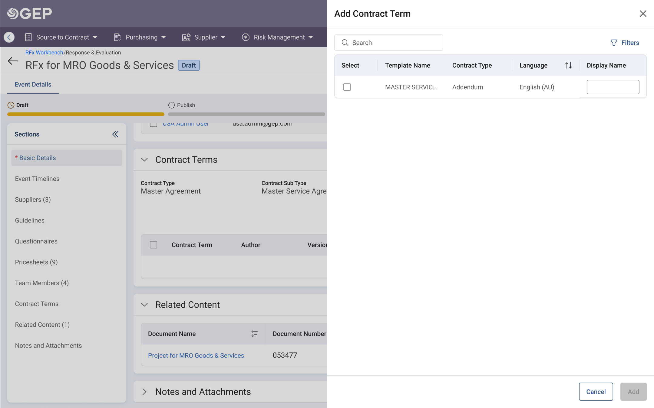 Buyer adding contract terms from the language template repository during RFx creation