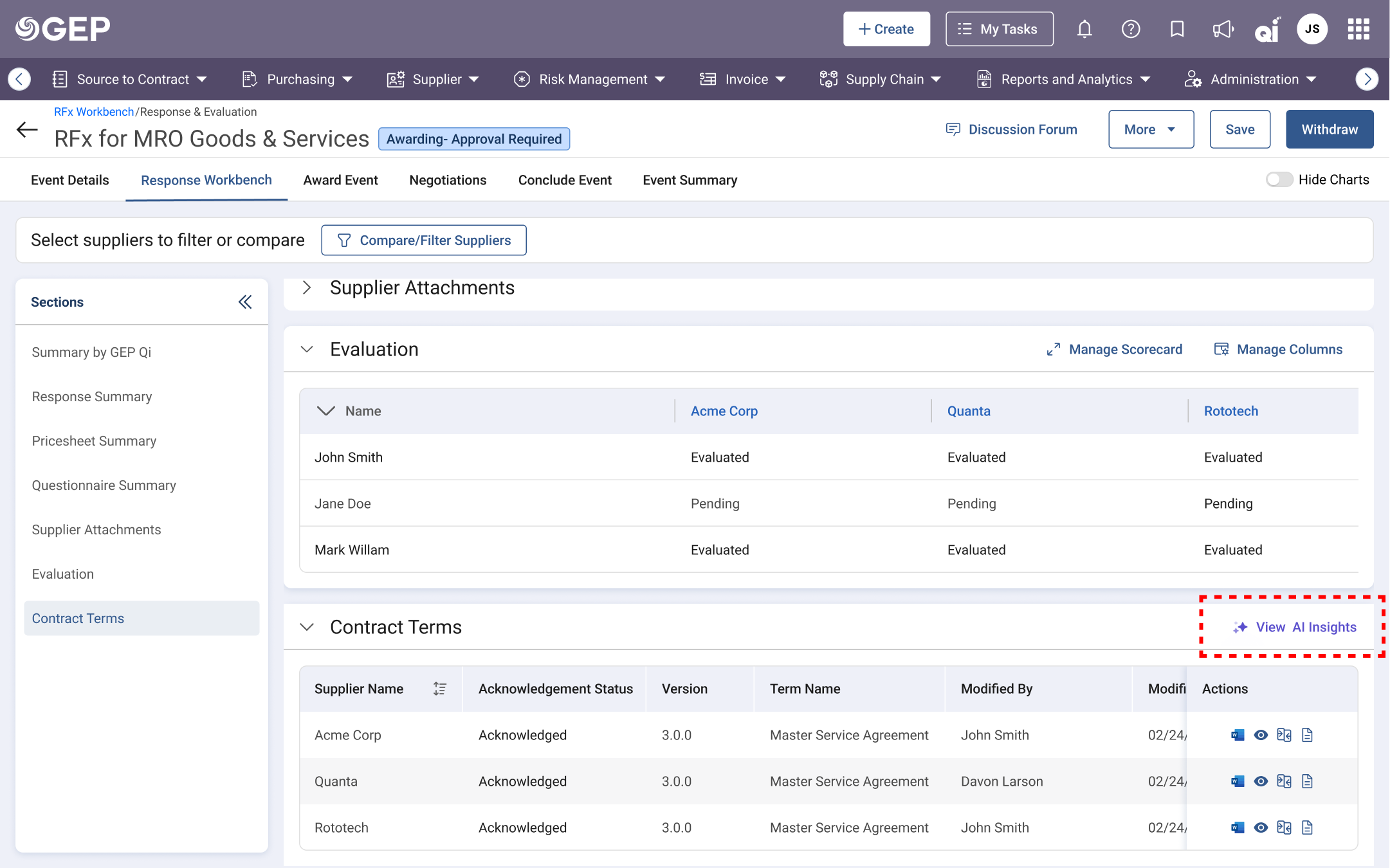 Response workbench showing supplier acknowledgment status and the View AI Insights entry point