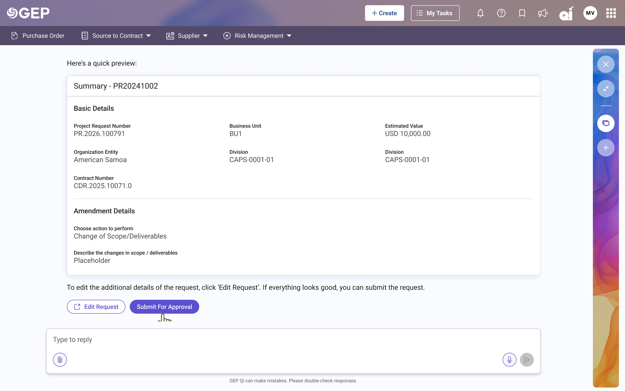 Inline amendment form inside the conversation — user selects action type and describes the change