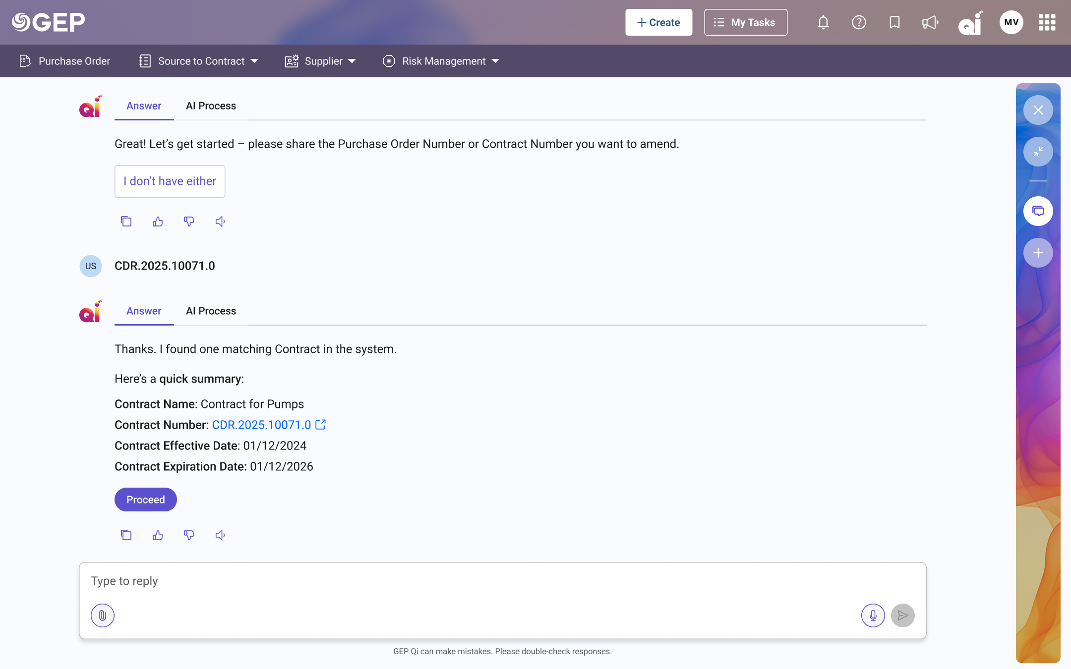 AI surfaces POs under the selected contract for the user to pick from