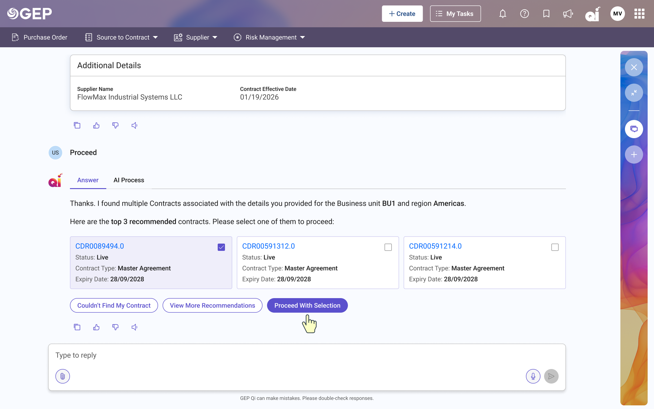 AI recommends top 3 matching contracts based on supplier name and contract date