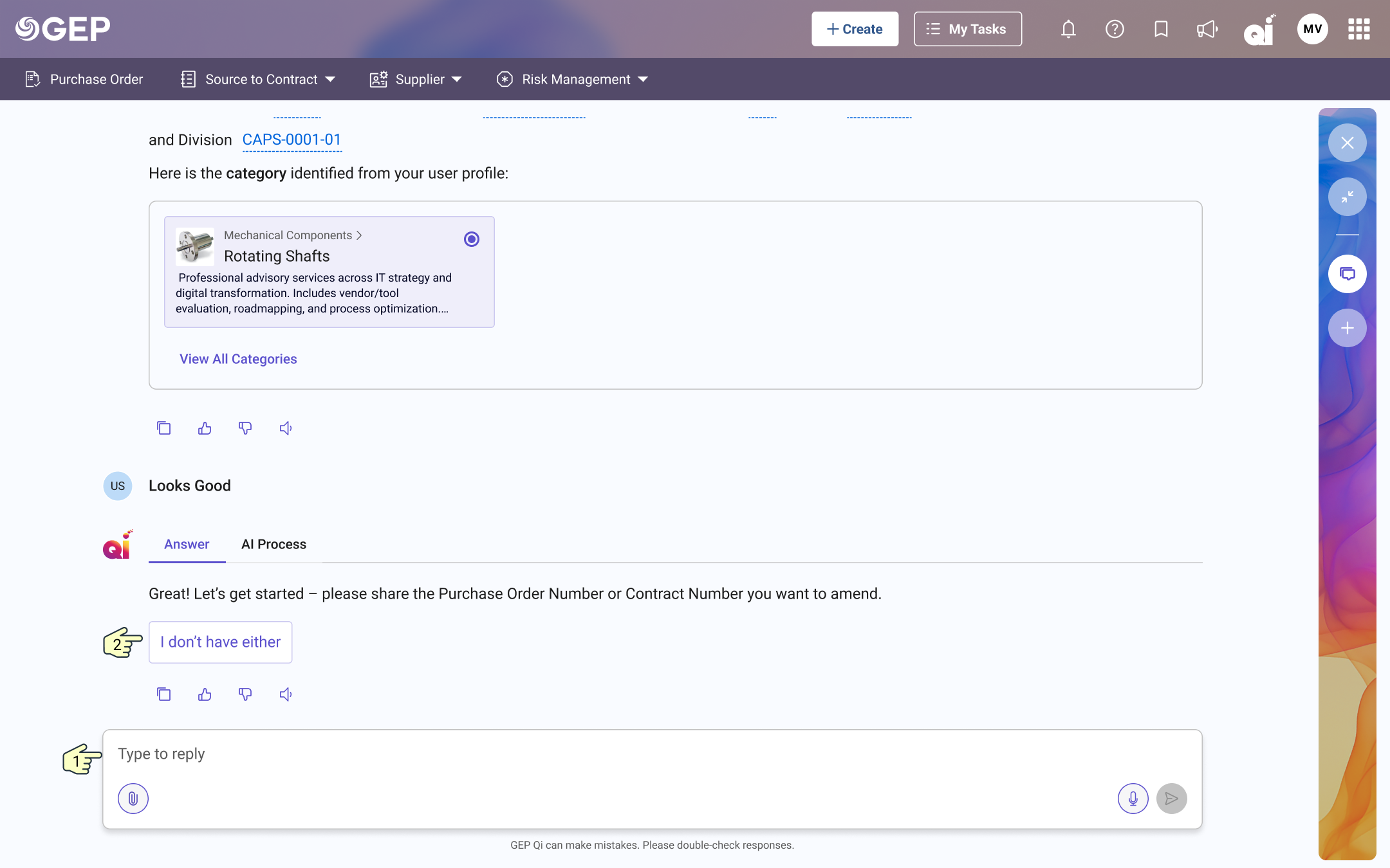 Opening conversation — user's first message, AI asking for PO or contract number